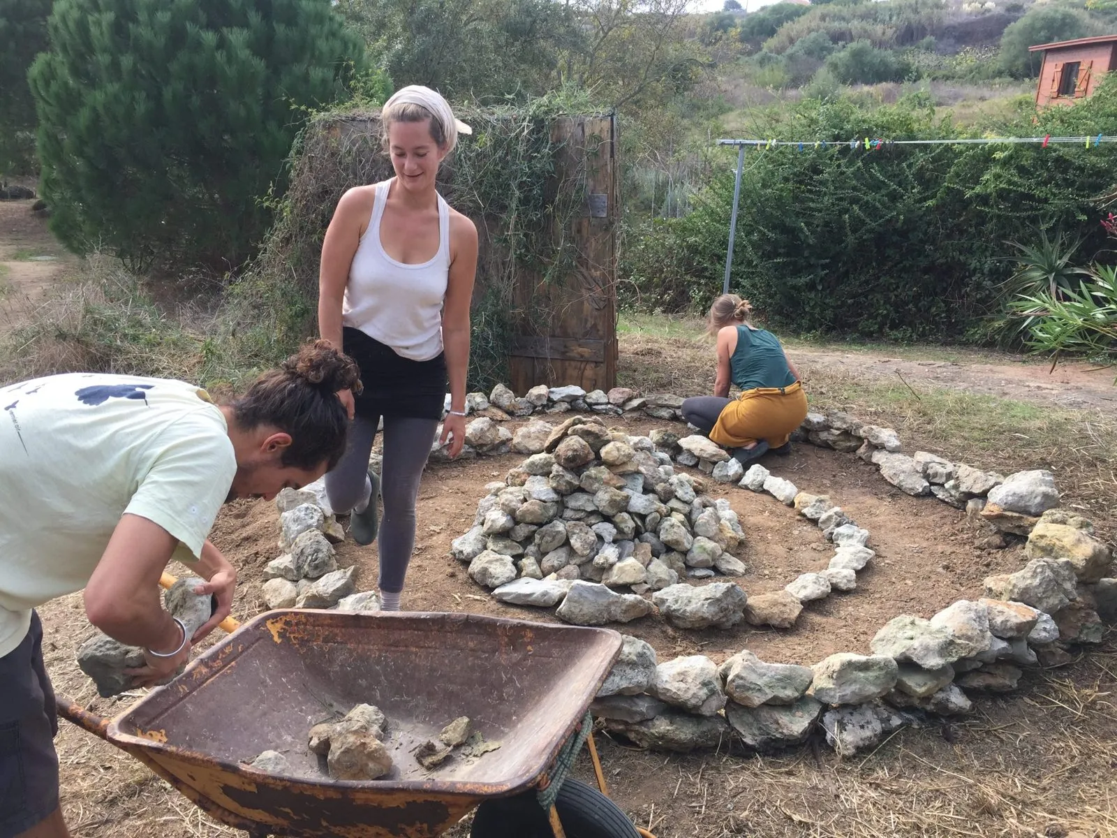 Sevadars building the herbal spiral with stones and a wheelbarrow